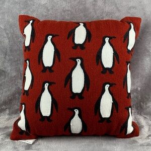 Pottery Barn Red Needlework Penguin‎ Pattern Crewel Pillow 14 X 14 Imperfections